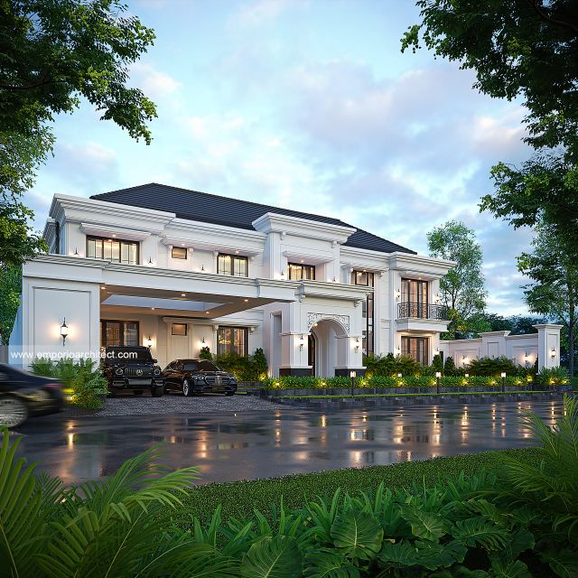 Desain Tampak Depan 3 Rumah Klasik 2 Lantai Bapak YMN di Kotamobagu, Sulawesi Utara
