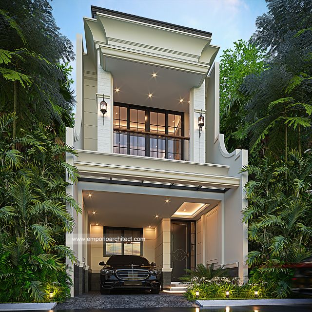Desain Tampak Depan Rumah Klasik 2 Lantai Ibu RTH di Pondok Cabe, Tangerang Selatan