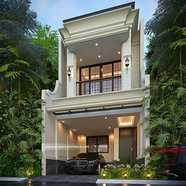 Desain Tampak Depan 2 Rumah Klasik 2 Lantai Ibu RTH di Pondok Cabe, Tangerang Selatan