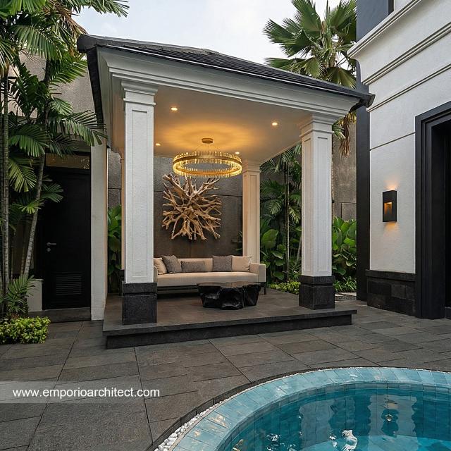 Desain Tampak Detail Belakang 3 Rumah Klasik 2 Lantai Bapak INR dan Ibu NBL di Jakarta Timur