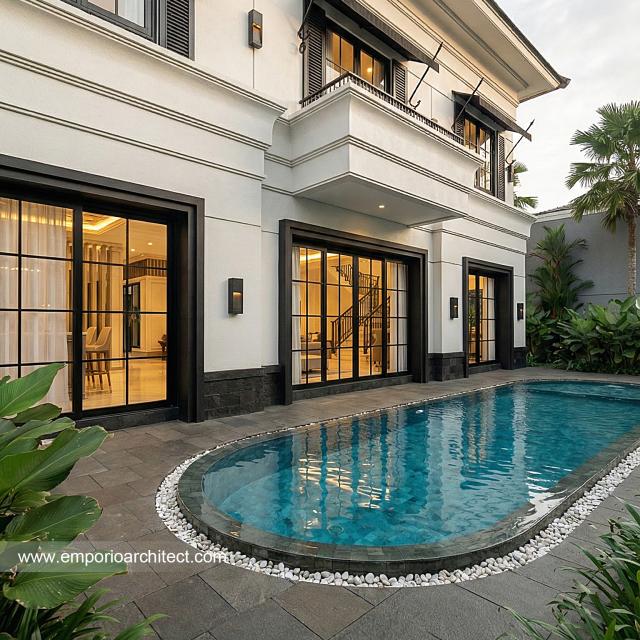 Desain Tampak Detail Belakang 2 Rumah Klasik 2 Lantai Bapak INR dan Ibu NBL di Jakarta Timur