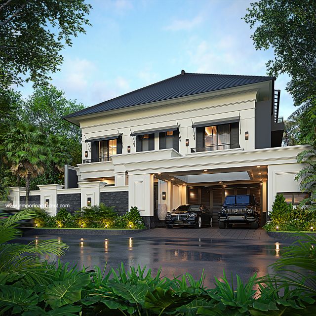 Desain Tampak Depan Dengan Pagar Rumah Klasik 2 Lantai Bapak INR dan Ibu NBL di Jakarta Timur