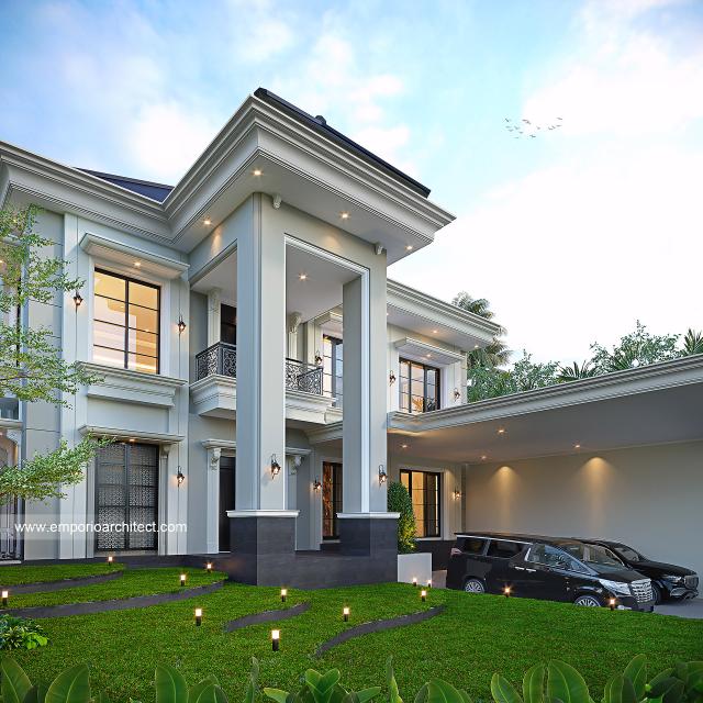 Desain Tampak Detail Depan Rumah Klasik 2 Lantai Bapak AH di Samarinda