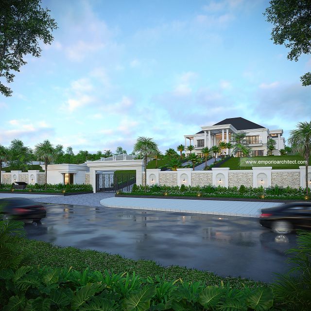 Desain Tampak Depan Dengan Pagar Rumah Klasik 2 Lantai Bapak RFL di Samarinda