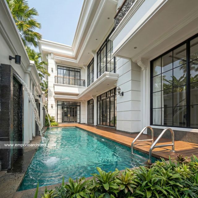 Desain Tampak Detail Kolam 2 Rumah Klasik 2 Lantai Ibu QX di Jakarta