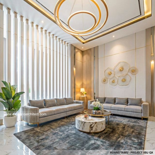 Desain Ruang Tamu Rumah Klasik 2 Lantai Ibu QX di Jakarta