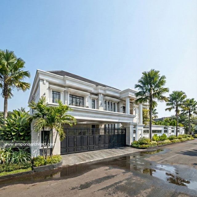 Desain Tampak Depan 2 Rumah Klasik 2 Lantai Ibu QX di Jakarta