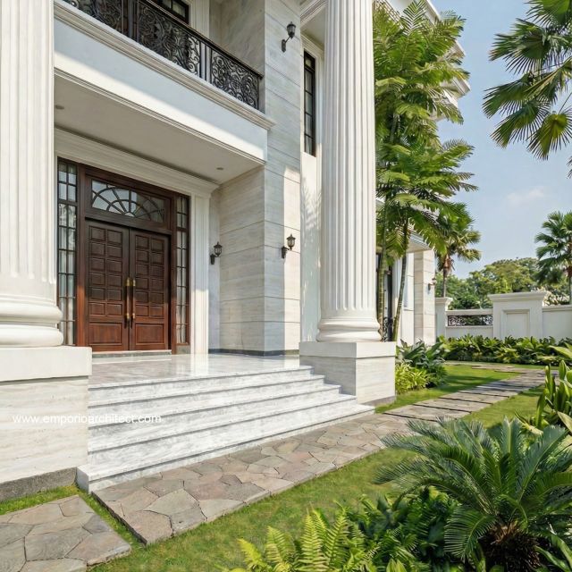 Desain Tampak Teras Depan Rumah Klasik 2 Lantai Ibu QX di Jakarta