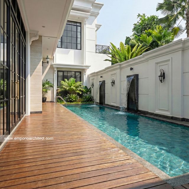 Desain Tampak Detail Kolam Rumah Klasik 2 Lantai Ibu QX di Jakarta