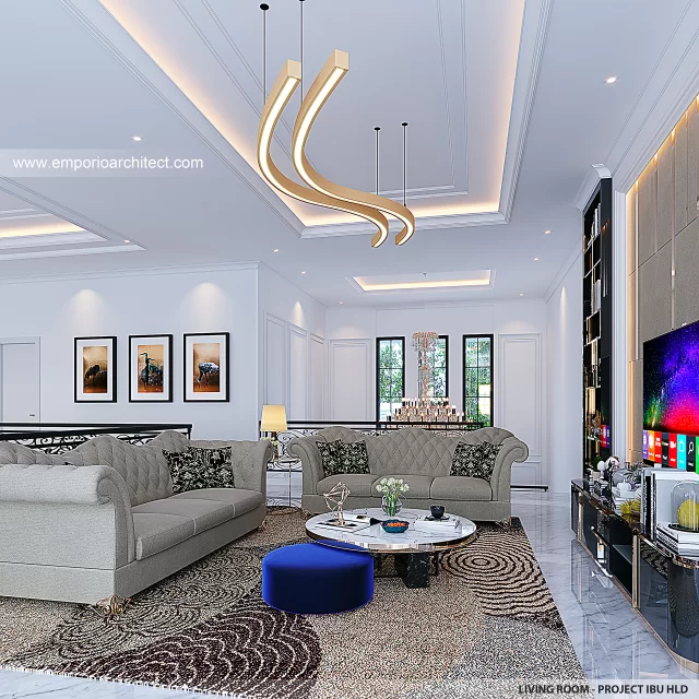 Desain Ruang Keluarga Rumah Mediteran Klasik 2 Lantai Ibu HLD di Kalimantan Tengah
