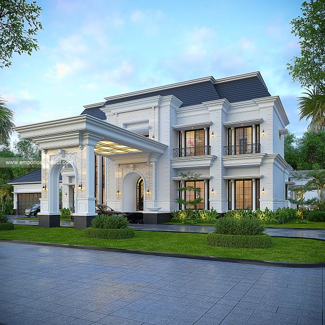 Desain Tampak Depan 2 Rumah Mediteran Klasik 2 Lantai Ibu HLD di Kalimantan Tengah