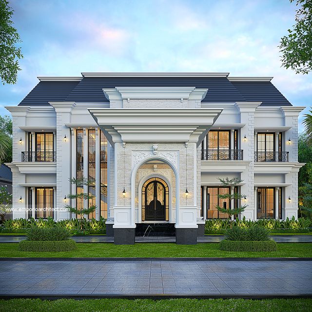 Desain Tampak Depan 3 Rumah Mediteran Klasik 2 Lantai Ibu HLD di Kalimantan Tengah