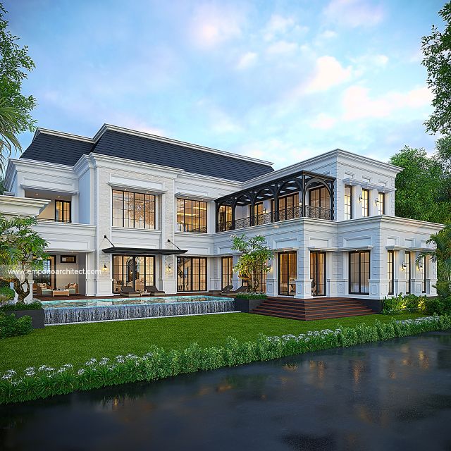 Desain Tampak Belakang Rumah Mediteran Klasik 2 Lantai Ibu HLD di Kalimantan Tengah