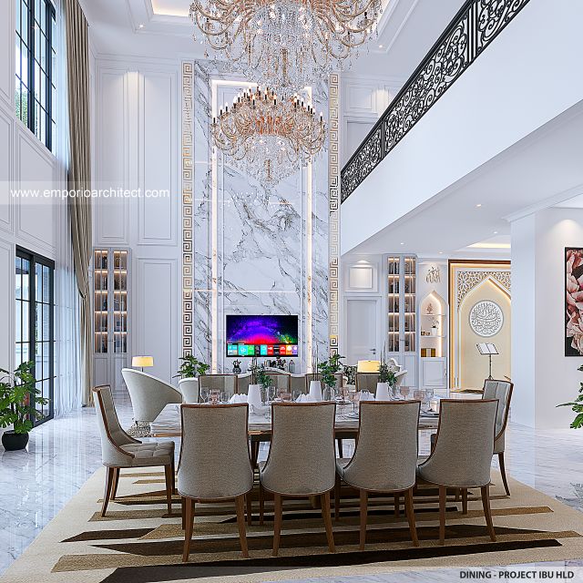 Desain Ruang Makan Rumah Mediteran Klasik 2 Lantai Ibu HLD di Kalimantan Tengah
