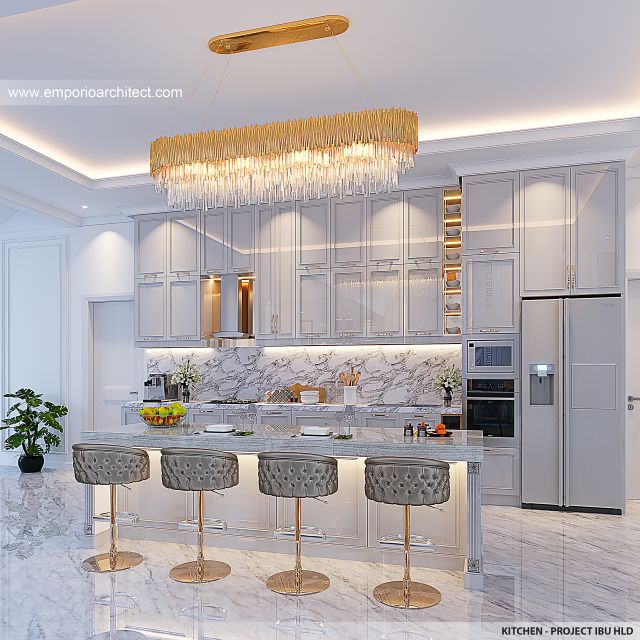Desain Dapur Rumah Mediteran Klasik 2 Lantai Ibu HLD di Kalimantan Tengah