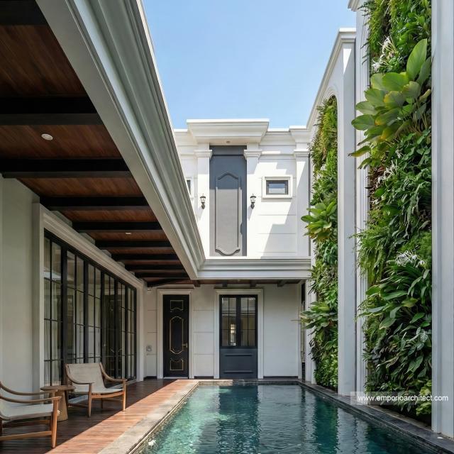 Desain Tampak Detail Belakang Rumah Klasik 2 Lantai Ibu LSM di Cibubur, Jakarta Timur