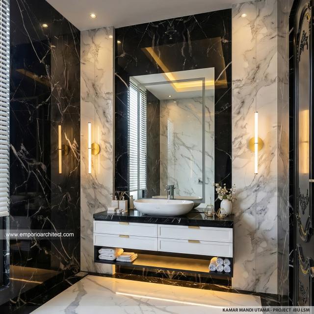 Desain Kamar Mandi Utama Rumah Klasik 2 Lantai Ibu LSM di Cibubur, Jakarta Timur