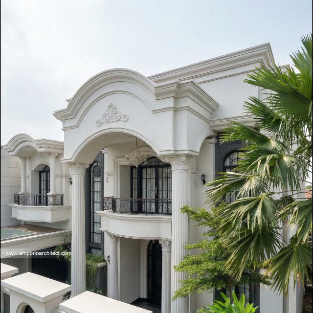 Desain Tampak Detail Depan 2 Rumah Klasik 2 Lantai Ibu LSM di Cibubur, Jakarta Timur