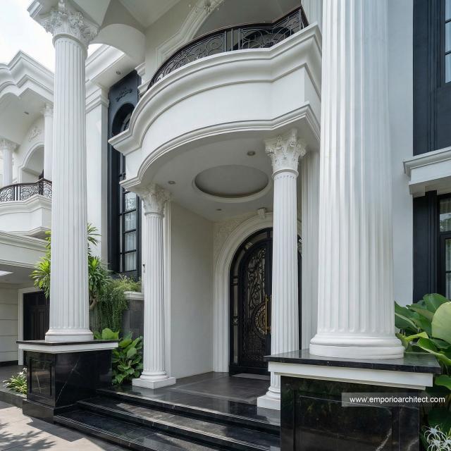 Desain Tampak Detail Depan 3 Rumah Klasik 2 Lantai Ibu LSM di Cibubur, Jakarta Timur