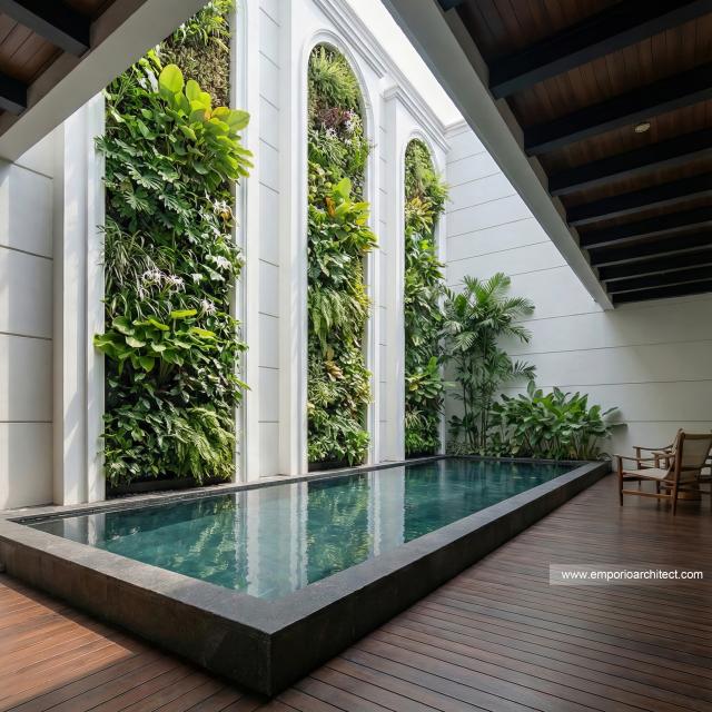 Desain Tampak Detail Kolam Rumah Klasik 2 Lantai Ibu LSM di Cibubur, Jakarta Timur