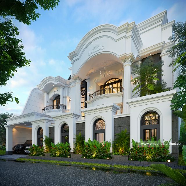 Desain Tampak Depan Dengan Pagar Rumah Klasik 2 Lantai Ibu LSM di Cibubur, Jakarta Timur