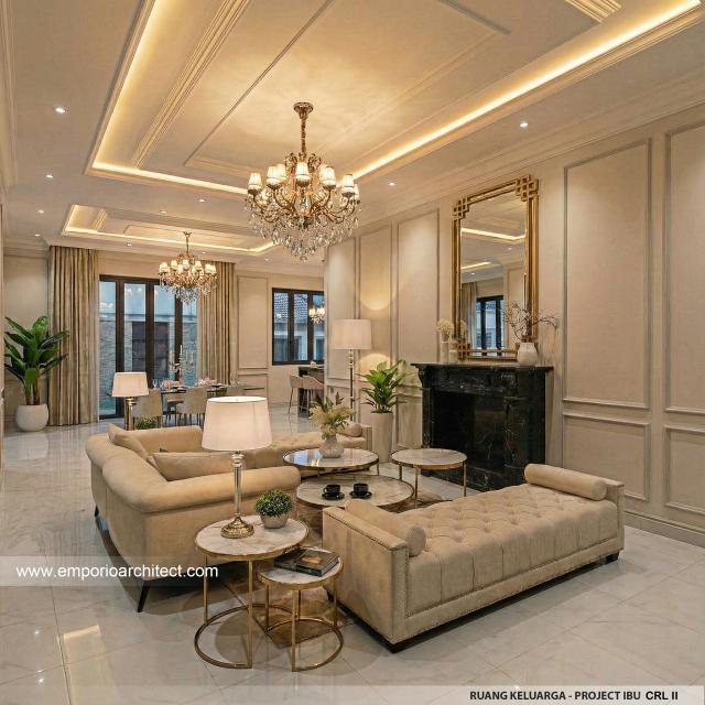 Desain Ruang Keluarga Rumah Klasik 2 Lantai Ibu CRL II di Surabaya