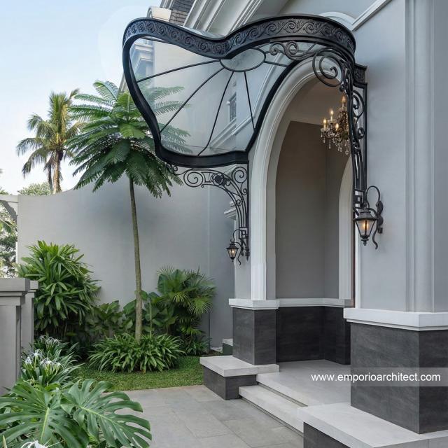 Desain Tampak Detail Depan 2 Rumah Klasik 2 Lantai Ibu CRL II di Surabaya