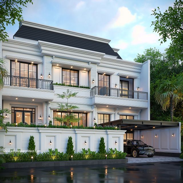 Desain Tampak Depan 2 Rumah Klasik 2 Lantai Bapak DVI di Surabaya