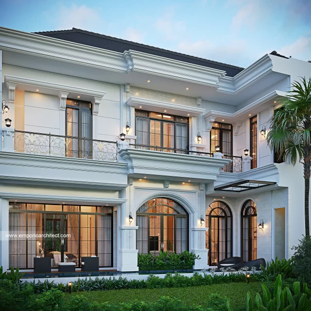 Desain Tampak Belakang Rumah Mediteran Klasik 2 Lantai Bapak SSU di Sidoarjo
