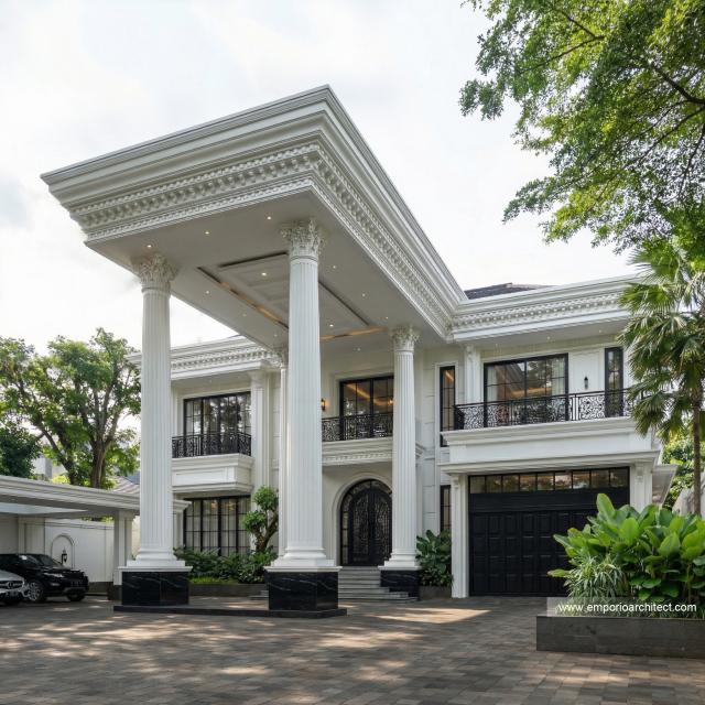 Desain Tampak Depan Rumah Klasik 2 Lantai Ibu GWT di Jambi