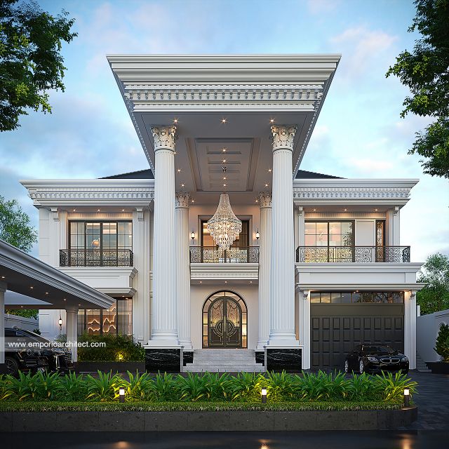 Desain Tampak Depan Rumah Klasik 2 Lantai Ibu GWT di Jambi