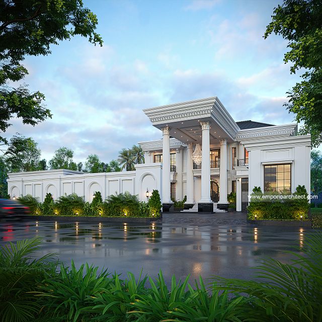 Desain Tampak Depan Dengan Pagar Rumah Klasik 2 Lantai Ibu GWT di Jambi