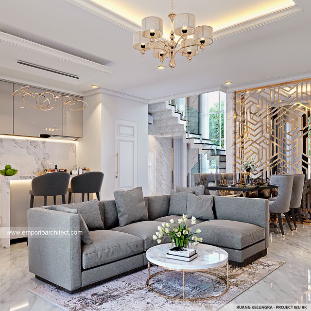 Desain Ruang Keluarga Rumah Klasik 2 Lantai Ibu RK di Surabaya