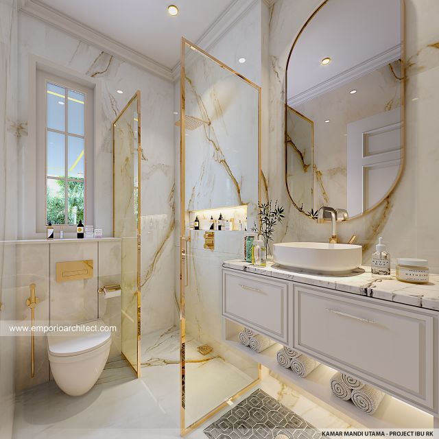 Desain Kamar Mandi Utama Rumah Klasik 2 Lantai Ibu RK di Surabaya
