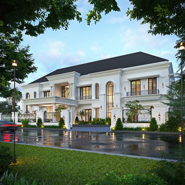 Desain Tampak Depan Dengan Pagar Rumah Klasik 2 Lantai Bapak ALJ di Kalimantan Timur