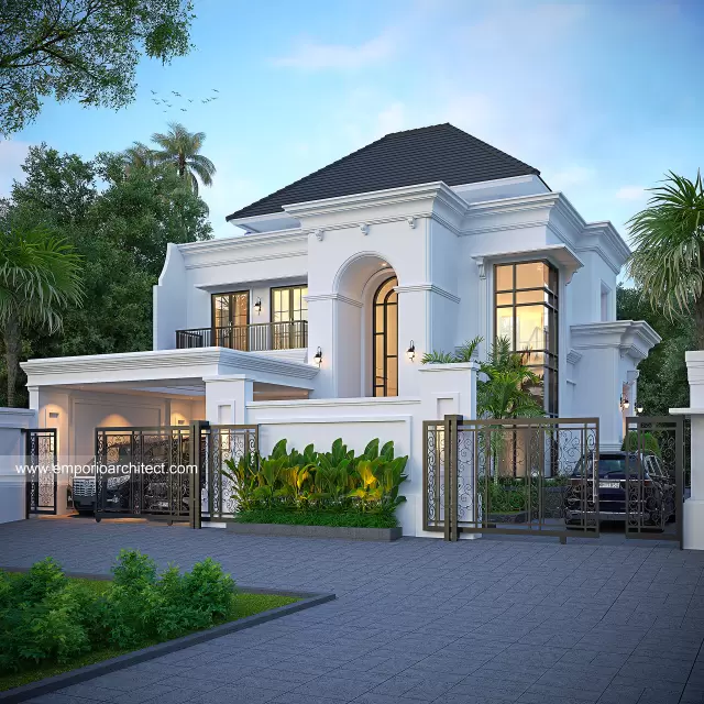 Desain Rumah Klasik 2 Lantai Bapak RBY di Kediri, Jawa Timur - Tampak Depan Dengan Pagar