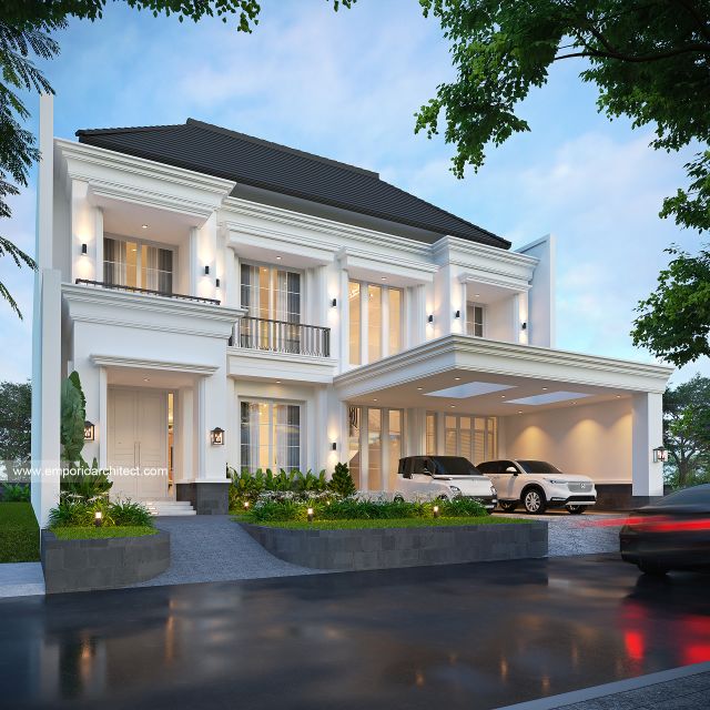 Desain Tampak Depan 2 Rumah Klasik 2 Lantai Ibu AT di Jakarta Selatan