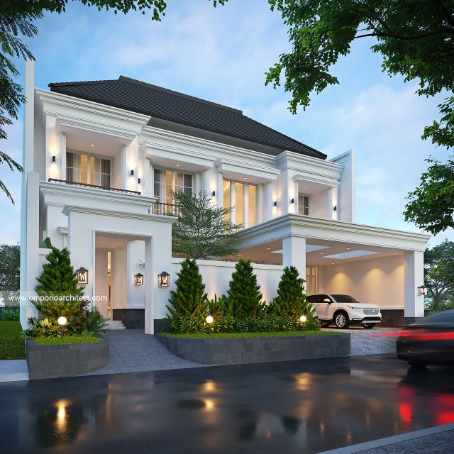 Desain Tampak Depan Dengan Pagar Rumah Klasik 2 Lantai Ibu AT di Jakarta Selatan