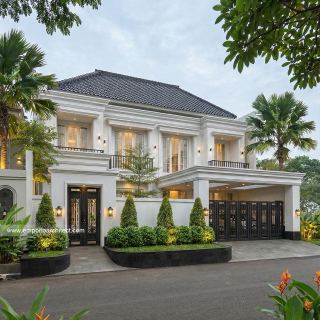 Desain Tampak Depan 2 Rumah Klasik 2 Lantai Ibu AT di Jakarta Selatan
