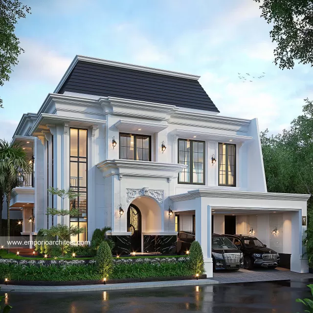 Desain Tampak Depan 2 Rumah Mediteran Klasik 2 Lantai Ibu A di Lombok, Nusa Tenggara Barat