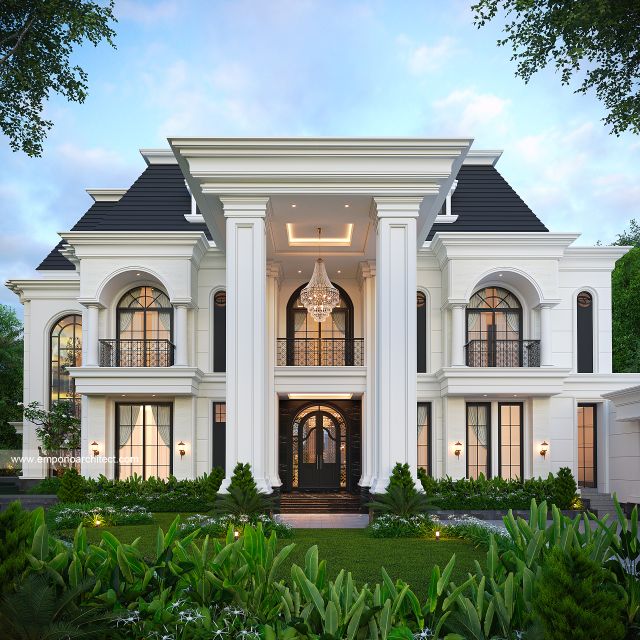 Desain Tampak Depan Rumah Klasik Mediteran 2 Lantai Bapak RZQ di Batang, Jawa Tengah