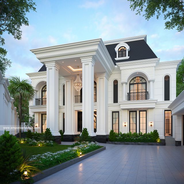 Desain Tampak Depan 2 Rumah Klasik Mediteran 2 Lantai Bapak RZQ di Batang, Jawa Tengah