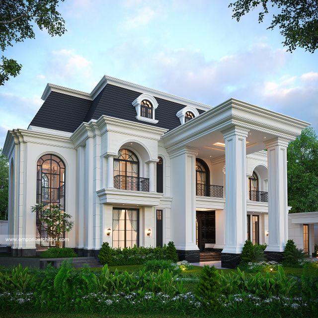Desain Tampak Depan 3 Rumah Klasik Mediteran 2 Lantai Bapak RZQ di Batang, Jawa Tengah