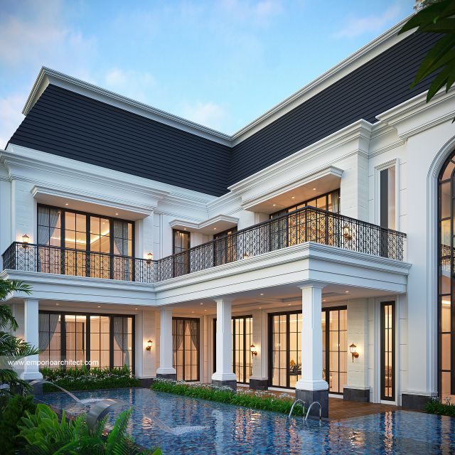 Desain Tampak Detail Belakang Rumah Klasik Mediteran 2 Lantai Bapak RZQ di Batang, Jawa Tengah