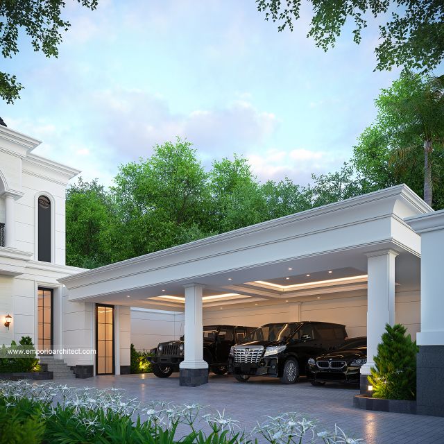 Desain Garasi Rumah Klasik Mediteran 2 Lantai Bapak RZQ di Batang, Jawa Tengah