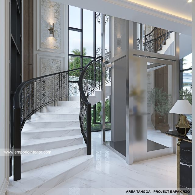 Desain Area Tangga Rumah Klasik Mediteran 2 Lantai Bapak RZQ di Batang, Jawa Tengah