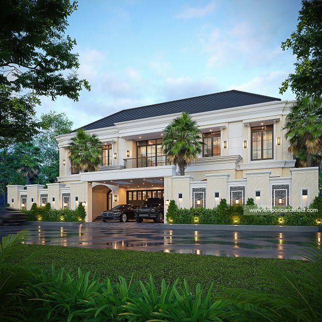 Desain Tampak Depan Dengan Pagar Rumah Klasik 2 Lantai Bapak RGN di Palembang