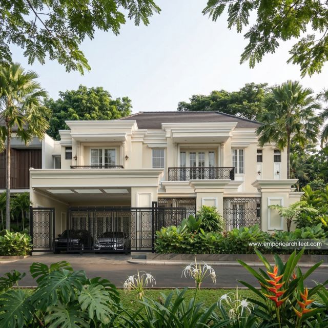 Desain Tampak Depan 2 Rumah Klasik 2 Lantai Bapak EMD di Cibubur, Jawa Barat