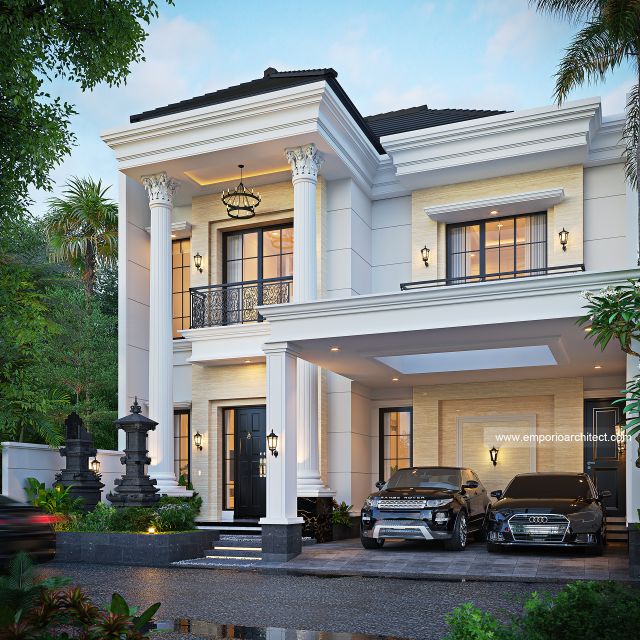 Desain Tampak Depan 2 Rumah Klasik 2 Lantai Ibu STY di Denpasar, Bali