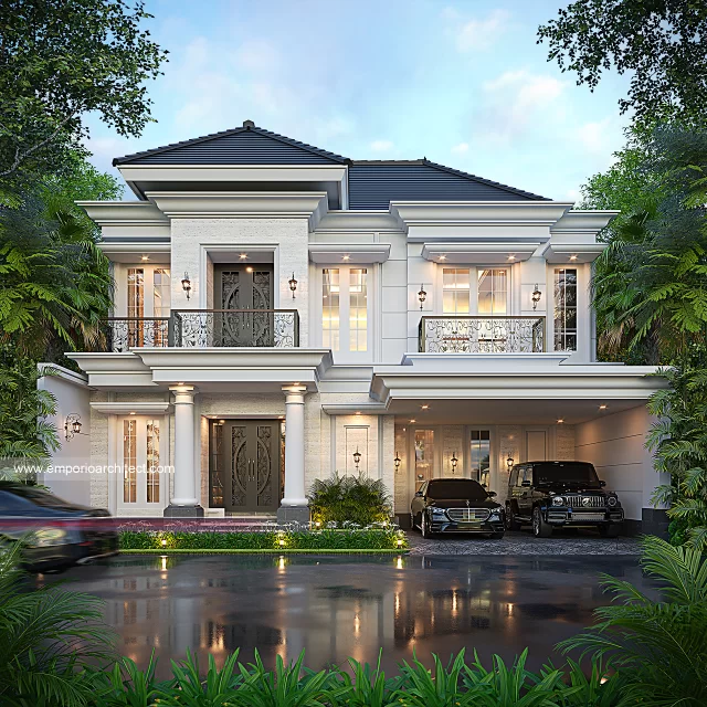 Desain Tampak Depan 2 Rumah Klasik 2 Lantai Bapak HDI di Bandung